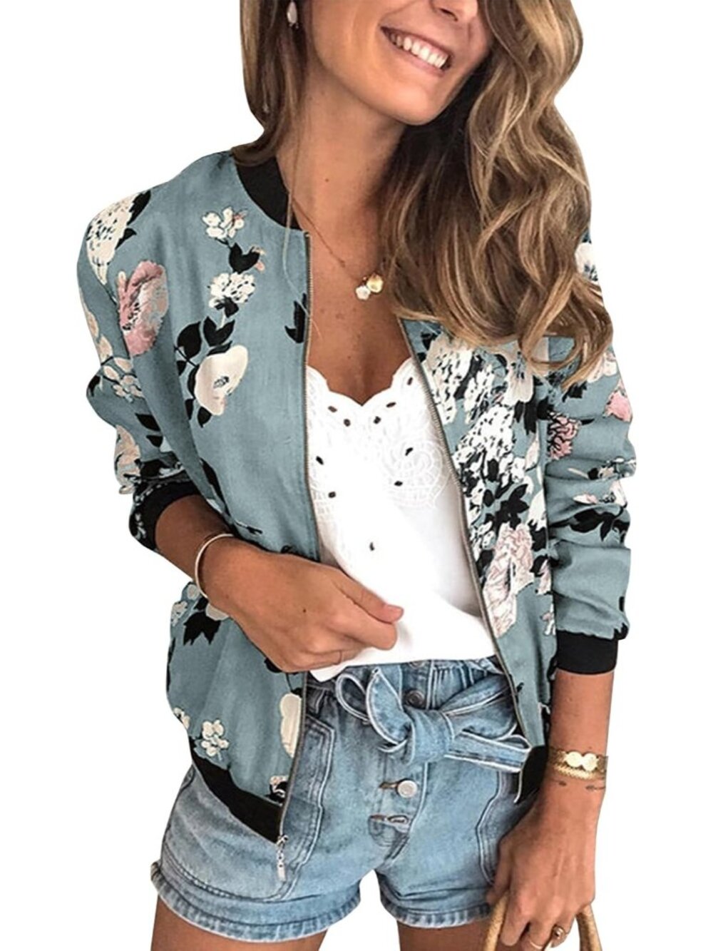 Women's Teal Blue Floral Zip Closure Long Sleeve Lining Quilted Bomber Jacket